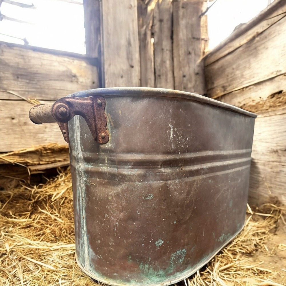 Antique Copper Boiler Ham Cooker Wash Tub Wood Handles Rustic Patina 23.5x12.5